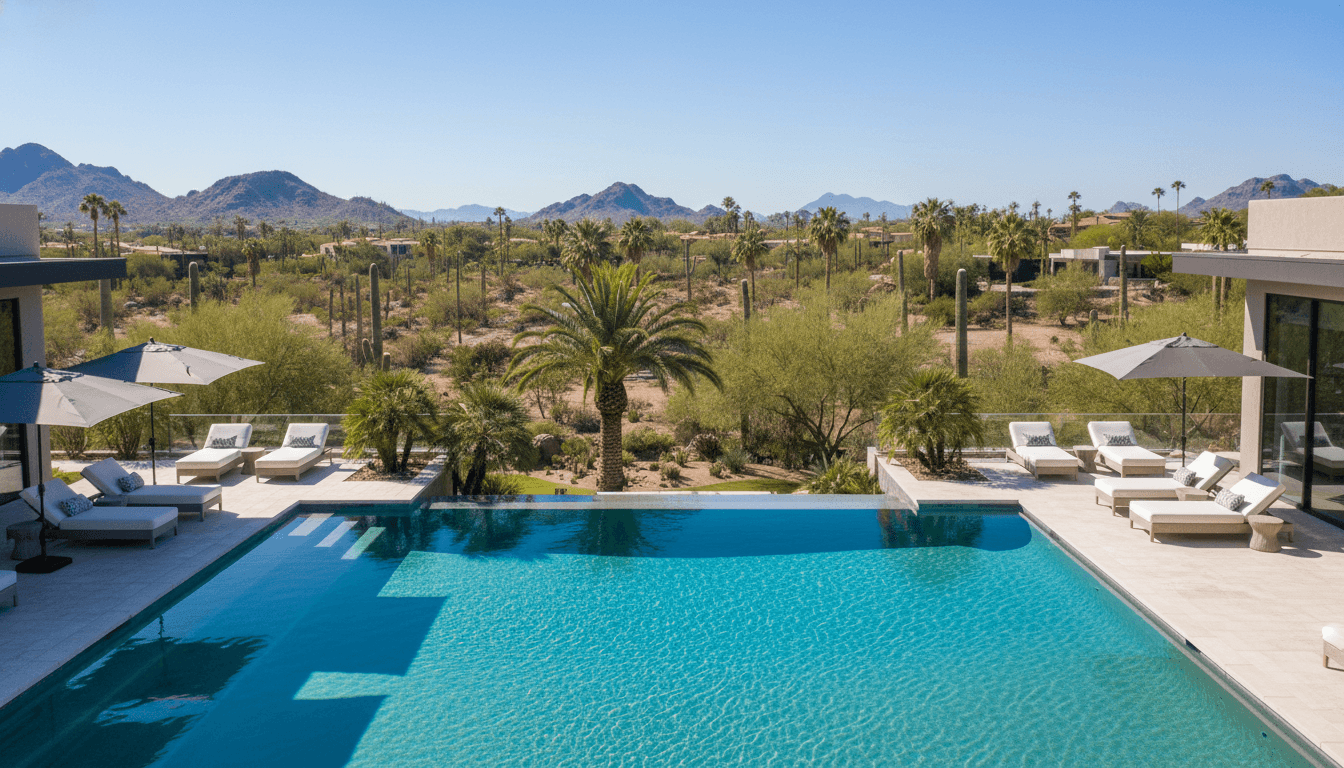 Crystal clear swimming pool with Arizona desert landscape